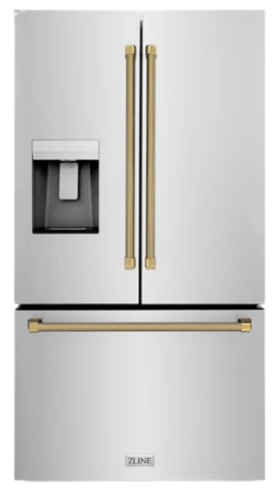 ZLINE Autograph Edition 36 in. 28.9 cu. ft. Standard-Depth French Door External Water Dispenser Refrigerator with Dual Ice Maker in Fingerprint-Resistant Stainless Steel and Polished Gold Helix Handles (RSMZ-W-36-KG)