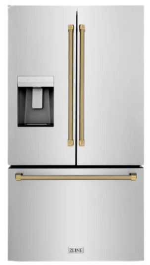 ZLINE Autograph Edition 36" 28.9 Cu. Ft. Stainless Steel Standard-Depth French Door Fingerprint-Resistant Refrigerator with External Water Dispenser and Dual Ice Maker in Polished Gold Helix Handles-0