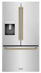 ZLINE Autograph Edition 36" 28.9 Cu. Ft. Stainless Steel Standard-Depth French Door Fingerprint-Resistant Refrigerator with External Water Dispenser and Dual Ice Maker in Polished Gold Helix Handles-0