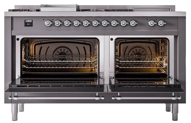 Ilve® Nostalgie II Noblesse 60'' Graphite Matte Pro Style Dual Fuel Range with Chrome Trim-1