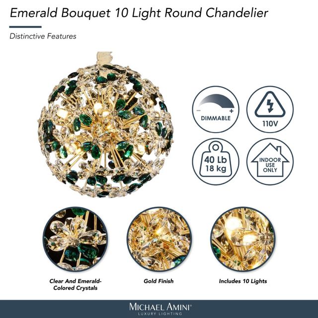 Michael Amini® Bouquet Emerald/Gold 10-Light Round Chandelier-3