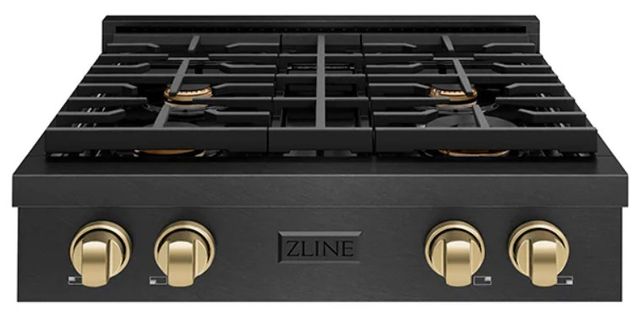 ZLINE Autograph Edition Paramount 30" Black Satin Stainless Steel Gas Rangetop with 4 Brass Burners and Porcelain Cooktop in Champagne Bronze Accents -0