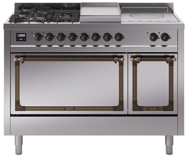Ilve® Nostalgie II Noblesse 48'' Stainless Steel Pro Style Dual Fuel Range with Burnished Trim-0