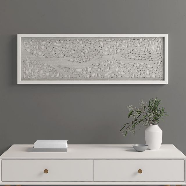 Olliix by Madison Park Laurel Branches Grey and White Carved Wood Panel Wall Decor-4