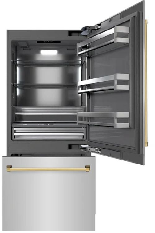 ZLINE Autograph Edition 36” 19.8 Cu. Ft. Stainless Steel Built-In Bottom Freezer Refrigerator with Graphite Gray Interior and Polished Gold Accents-1
