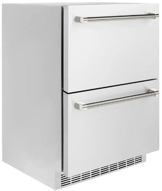 ZLINE Autograph Edition Touchstone 24 " 4.6 Cu. Ft. Stainless Steel 168 Can Outdoor-Rated Dual Refrigerator Drawer with Polished Nickel Helix Handles-1