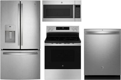 Front view of the GE® 4 Piece Stainless Steel Kitchen Package