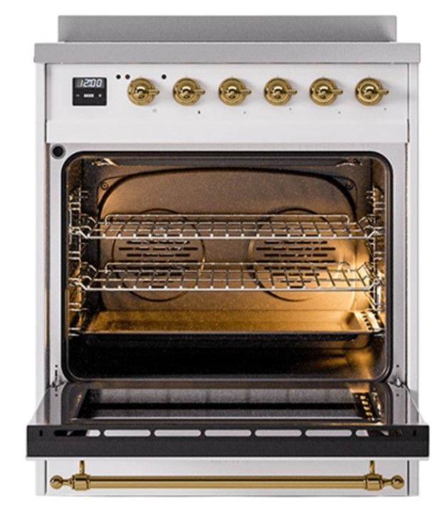 Ilve® Nostalgie II Noblesse 30'' White Pro Style Induction Range with Brass Trim-1