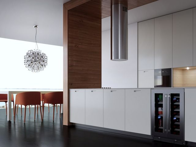Front view of a modern kitchen with the XO 16" Black Island Range Hood cylinder