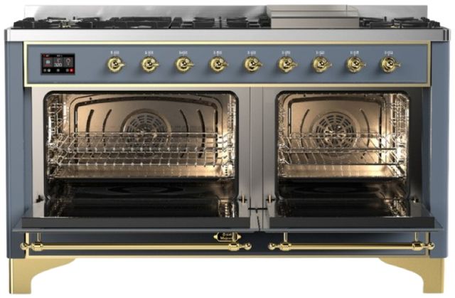 Ilve® Majestic III 60" Blue Gray Pro Style Dual Fuel Liquid Propane Range with Solid Door and Brass Trim-1