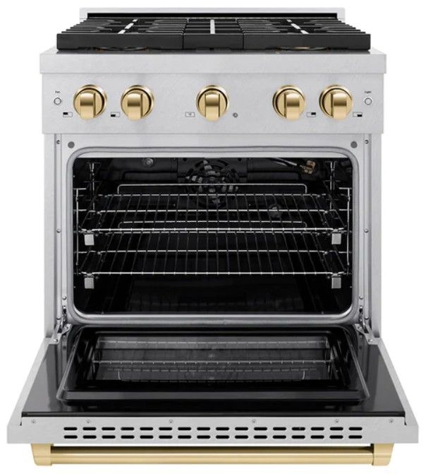 ZLINE Autograph Edition Paramount 30" 4.2 Cu. Ft. Satin Stainless Steel Gas Range with 4 Burner DuoPro™ Cooktop and Convection Gas Oven with Polished Gold Accents-1
