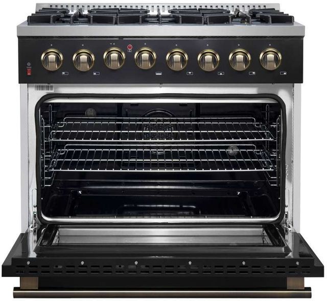 FORNO® Galiano 36" Stainless Steel Pro Style Dual Fuel Range with Black Door with Antique Brass Accents-4