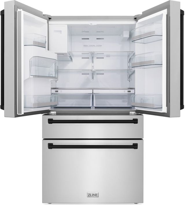 ZLINE Autograph Edition 36" 21.6 Cu. Ft. Fingerprint Resistant Stainless Steel Counter Depth French Door Refrigerator with Water/Ice Dispenser and Matte Black Traditional Handles-2