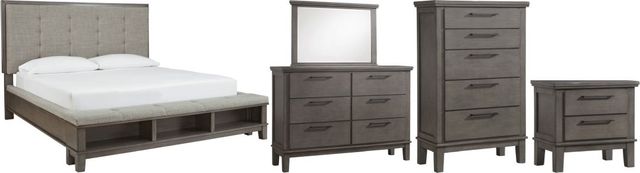 Benchcraft® Hallanden 5-Piece Gray Queen Upholstered Storage Panel Bed Set-0