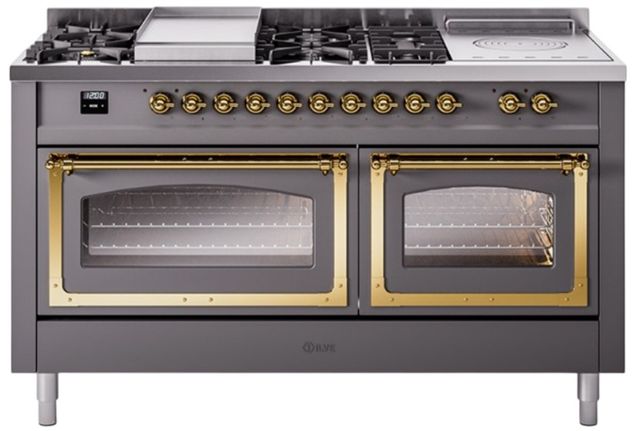 Ilve® Nostalgie II Noblesse 60'' Graphite Matte Pro Style Dual Fuel Range with Brass Trim-0