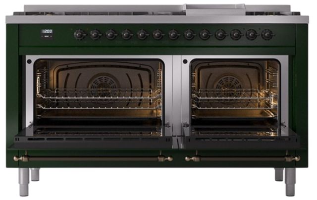 Ilve® Nostalgie II Noblesse 60'' Emerald Green Pro Style Dual Fuel Range with Burnished Trim-1