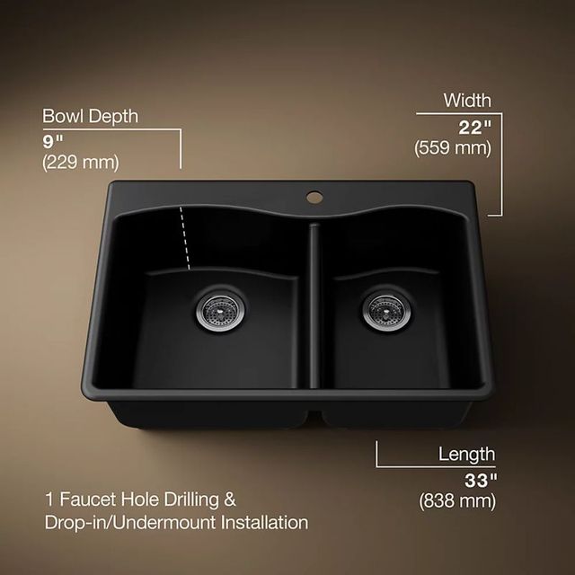 KOHLER® Kennon® Matte Black 33" Top/Undermount Double-Bowl Kitchen Sink-2