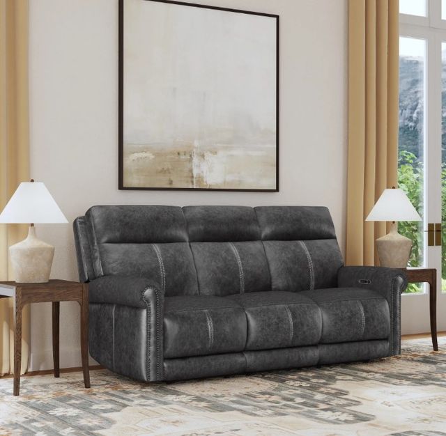 Flexsteel® Alexander Weathered Gray Leather Power Reclining Sofa with Console, Power Headrest and Lumbar-1