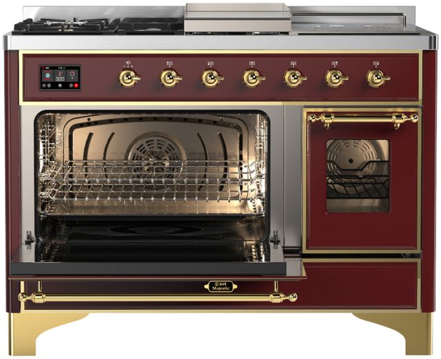 Ilve® Majestic III 48" Burgundy Pro Style Dual Fuel Natural Gas Range with 5 Black Brass Burners and Brass Trim-2
