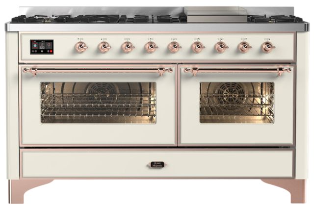 Ilve® Majestic III 60" Antique White Pro Style Dual Fuel Liquid Propane Range with Triple Glass Door and Copper Trim-0