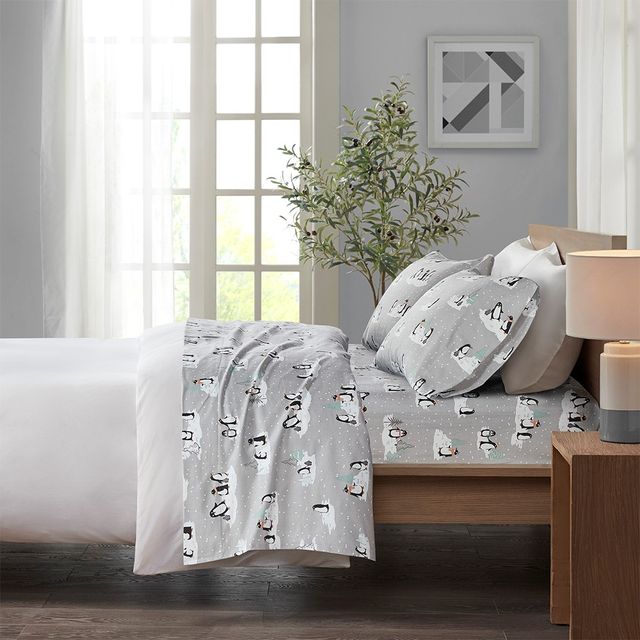 Olliix by True North by Sleep Philosophy Grey Penguins Queen Cozy 100% Cotton Flannel Printed Sheet Set-3