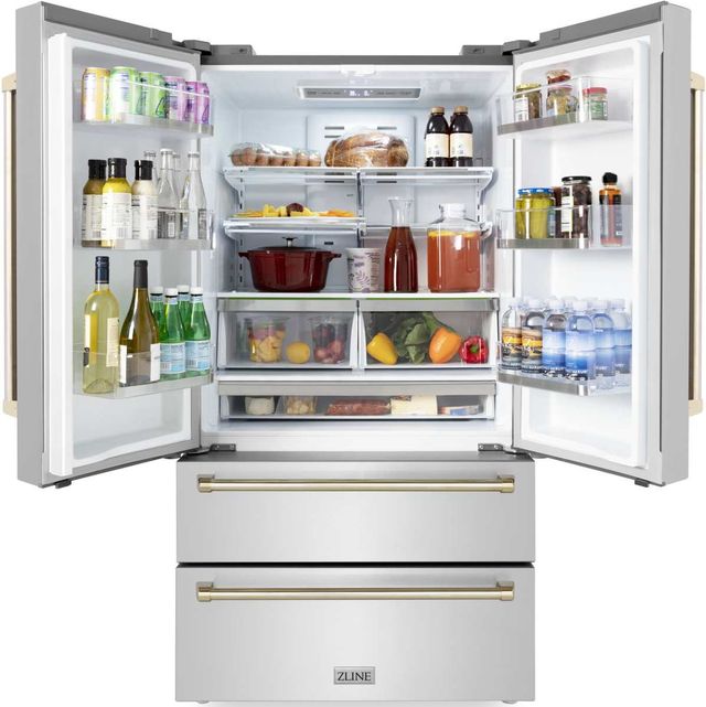 ZLINE Autograph Edition 36" 22.5 Cu. Ft. Fingerprint Resistant Stainless Steel Counter Depth French Door Refrigerator with Polished Gold Traditional Handles-2