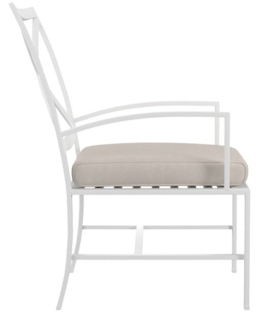 Sunset West Bristol Satin White Aluminum Outdoor Dining Arm Chair with Canvas Flax Cushion-1