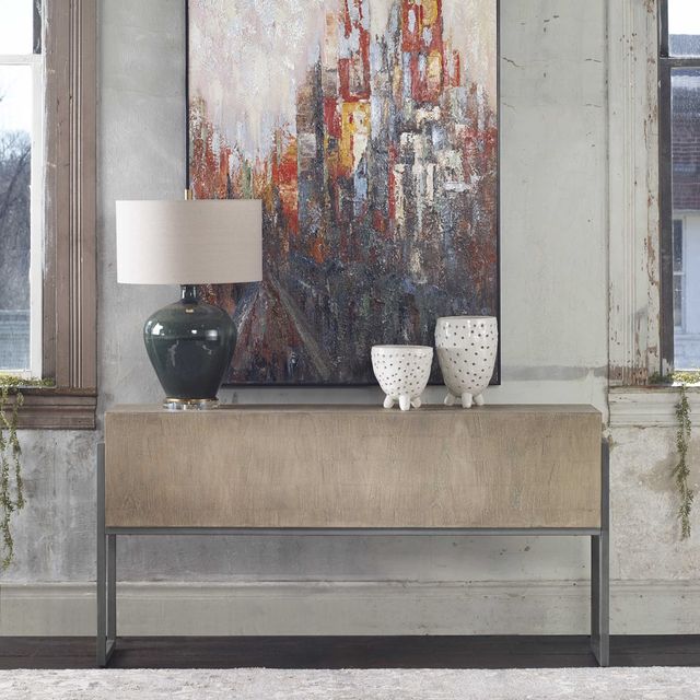 Uttermost® Nevis Light Oatmeal Wash Console Table with Aged Iron Frame-1