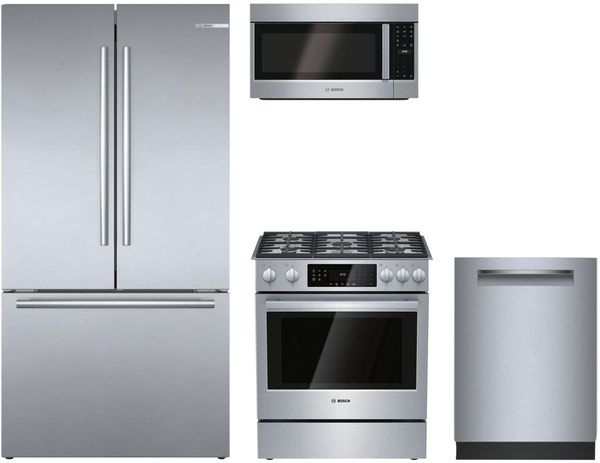 Bosch 4 Piece Stainless Steel Kitchen Package Front view of the Bosch 4 Piece Stainless Steel Kitchen Package