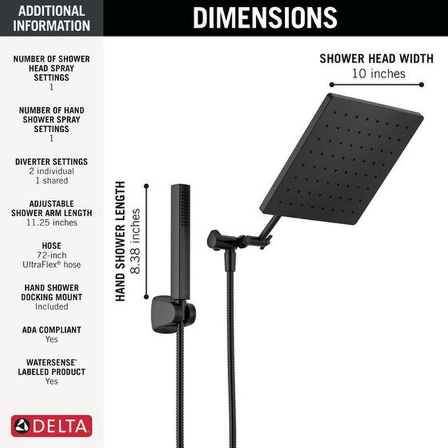 Delta Universal Showering Matte Black 10" Raincan Shower Head and Handheld Combo with Adjustable Extension Arm-3