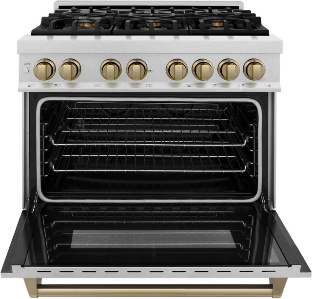 ZLINE Autograph Edition Legacy 36" Satin Stainless Steel Pro-Style Dual Fuel Range with Electric Convection Oven and Champagne Bronze Accents-1