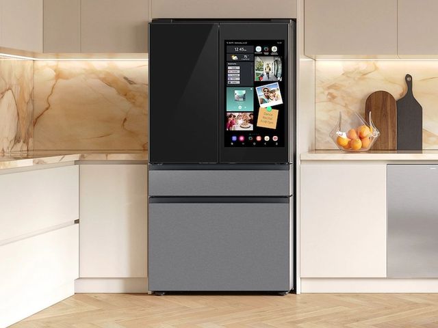 Smart touch screen refrigerator in a modern kitchen setting