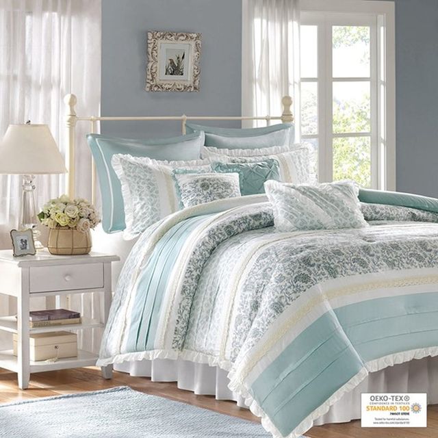 Olliix by Madison Park Blue Queen Dawn 9 Piece Cotton Percale Comforter Set-4