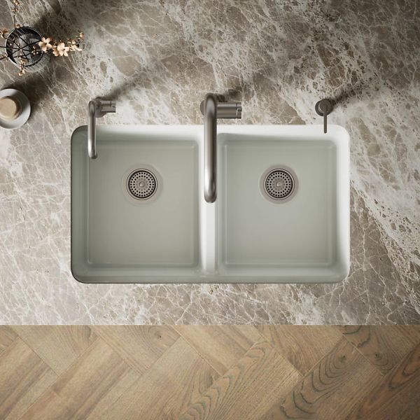 KOHLER® Riverby® Sea Salt 33" Undermount Double-Equal Bowl Workstation Kitchen Sink-2
