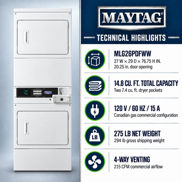 Maytag Commercial MLG26PDFWW Two-Pocket Dual-Coin Gas Stacked Dryer, 14.8 Cu. Ft. Total Capacity, White-4