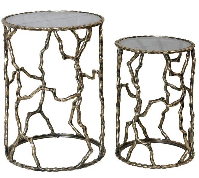 StyleCraft Twigs 2-Piece Glass on Top Nesting Table with Gold Cast Alluminum Base Set-0