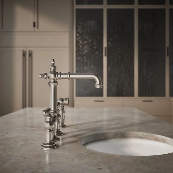 KOHLER® Artifacts® Vibrant Stainless 3-Hole Bridge Bar Sink Faucet with Side Sprayer-4