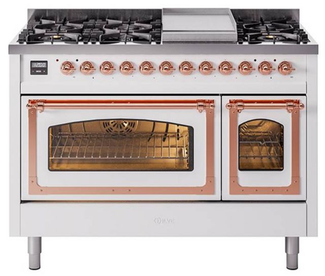 Ilve® Nostalgie II Noblesse 48'' White Liquid Propane Pro Style Dual Fuel Range with Copper Trim