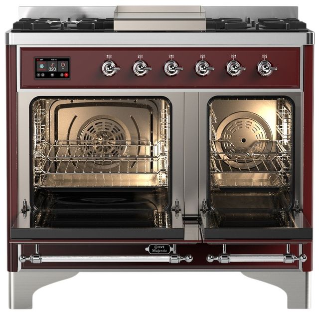 Ilve® Majestic III 40" Burgundy Pro Style Dual Fuel Natural Gas Range with Triple Glass Door and Chrome Trim-1