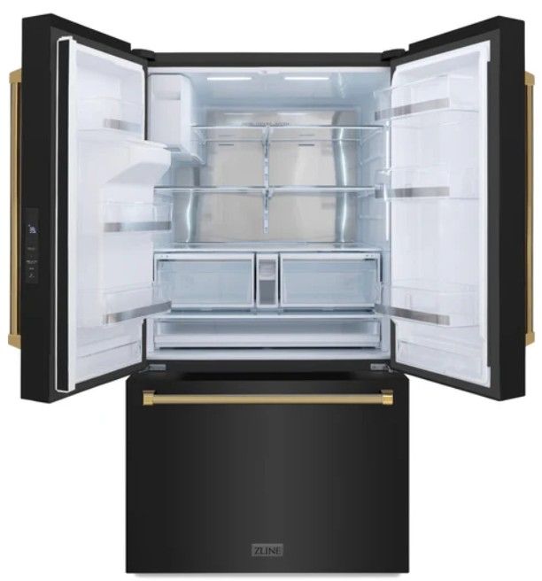 ZLINE Autograph Edition 36" 28.9 Cu. Ft. Black Stainless Steel Standard-Depth French Door Fingerprint-Resistant Refrigerator with External Water Dispenser and Dual Ice Maker in Polished Gold Helix Handles-3