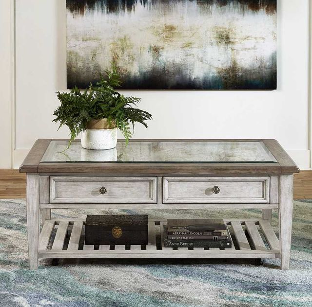 Liberty Furniture Heartland Glass Top Tile Cocktail Table with Antique White Base-1