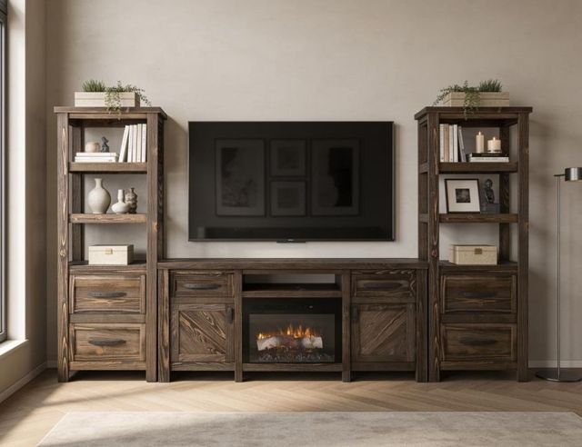 International Furniture Direct Dutton Brown Wall Unit with Electric Fireplace Insert-1