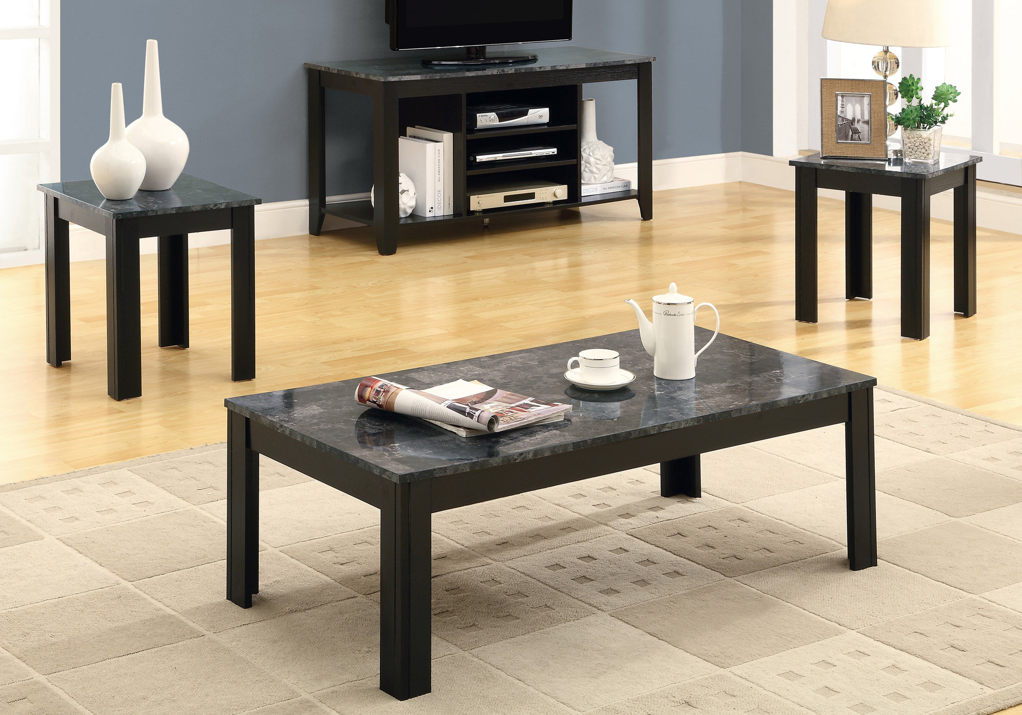 Monarch Specialties Inc. 3 Piece Black and Grey Marble Look Table Set