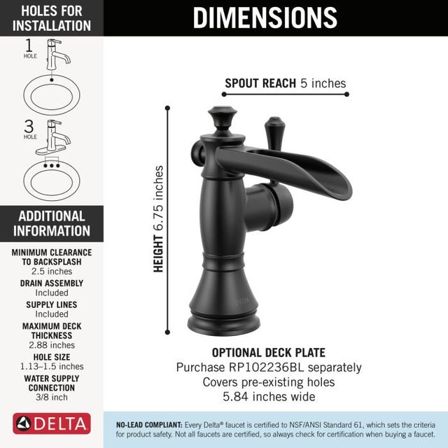 Delta Cassidy® Matte Black Single Handle Channel Bathroom Faucet with Drain-4