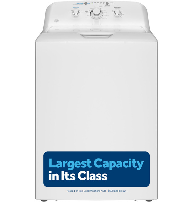 GE® 4 Cu. Ft White Agitator Top Load Washer with Stainless Steel