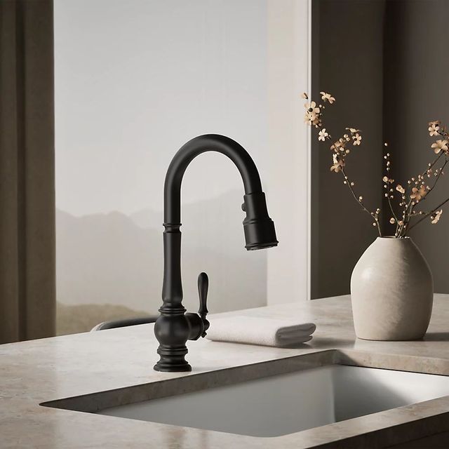 KOHLER® Artifacts® Matte Black Kitchen Sink Faucet with Unique Three-Function Sprayhead-1