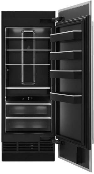 Front view of the opened JennAir® 30 in. 17.0 Cu. Ft. Panel Ready Built In Counter Depth Column Refrigerator