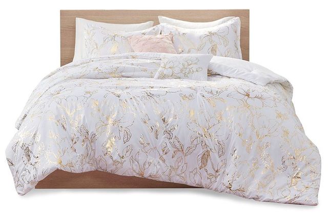 Olliix by Intelligent Design Magnolia Gold Full/Queen Metallic Printed Floral Comforter Set-0