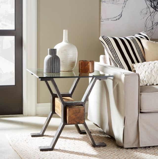 Magnussen Home® Sawyer Toasted Nutmeg Glass Top End Table with Smoked Iron Base-1