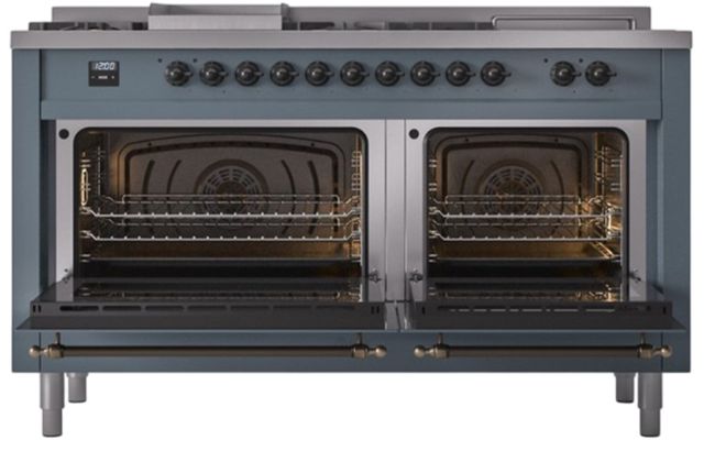 Ilve® Nostalgie II Noblesse 60'' Blue Gray Pro Style Dual Fuel Range with Burnished Trim-1